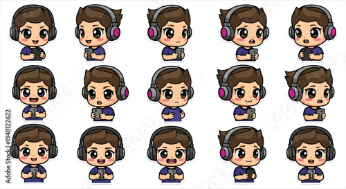 Cute Gamer Boy Character Emote Sticker Set, Cartoon Gaming Avatar Emoji Pack, Streaming Reaction Icons for Twitch Discord Vector