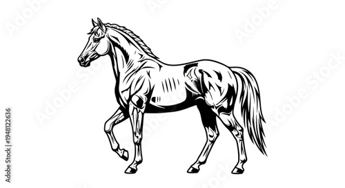 Elegant Horse Illustration - A Detailed Black and White Depiction.