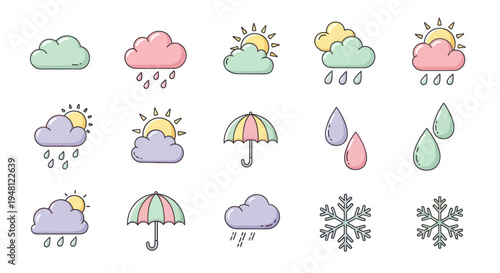 Weather icons clouds rain sun and umbrella
