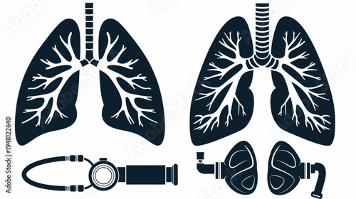 Silhouetted illustration of human respiratory organs, including lungs and medical devices