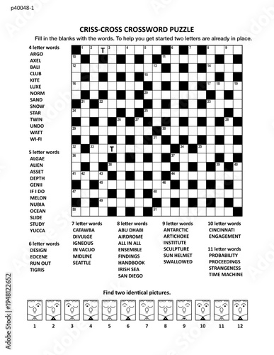 Puzzle page (p40048-1) with two puzzles: 19x19 criss-cross (fill-in) crossword word game with two hints and visual puzzle with whimsical faces. Black and white, A4 or Letter sized. 