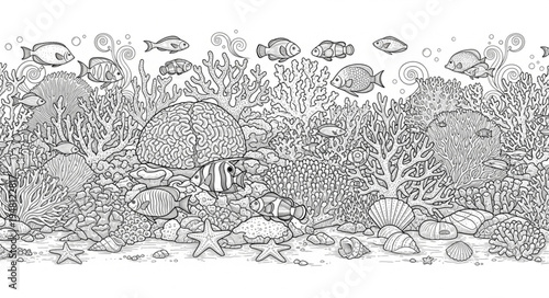 Detailed Coral Reef Ecosystem with Abundant Fish Life, Black and White.
