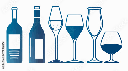 Silhouetted illustration of various drink bottles and glasses, rendered in a blue gradient