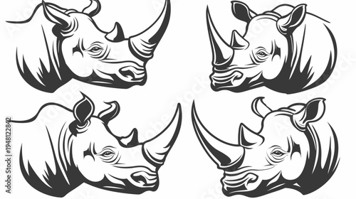 Graphic set of stylized rhino head illustrations, in black and white, depicting the animal in profile