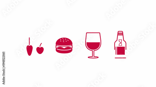 Simplified flat design of food and drink icons arranged horizontally on a white background