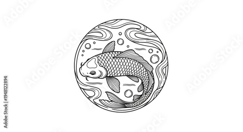 Elegant Koi Fish Illustration in Circular Water Design.