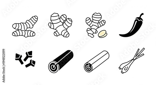 Assortment of Spices - Turmeric, Ginger, Chili, Cloves, Cinnamon, and Lemongrass.