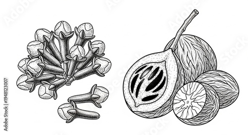 Detailed Line Art Illustration of Cloves and Nutmeg Spices.