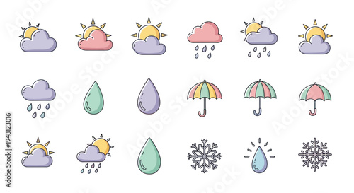 Weather icons sun clouds rain and umbrella