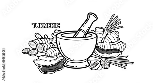 Turmeric Spice Preparation - Mortar and Pestle with Fresh Turmeric Roots.