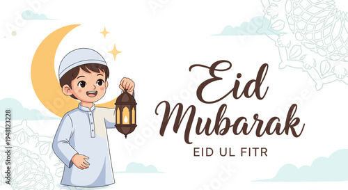 Festive Eid ul-Fitr greeting card illustration featuring boy in traditional attire holding lantern with crescent moon, stars, and “Eid Mubarak” text for holiday artwork.