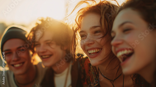 ultra realistic group of teenagers laughing and talking together outdoors, diverse gen z friends enjoying summer day in the city, authentic lifestyle portrait of youth friendship and happiness