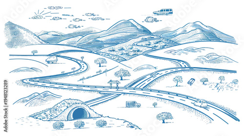 A blue-toned illustration depicting winding roads through a mountainous landscape with vehicles