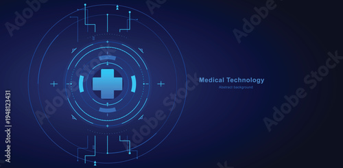 Modern Medical Technology Concept Background with Glowing Blue Hud Interface and Cross Symbol for Digital Healthcare Innovation and Scientific Research