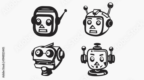 Four stylized robot head illustrations, featuring various designs and antenna elements, in a line art style