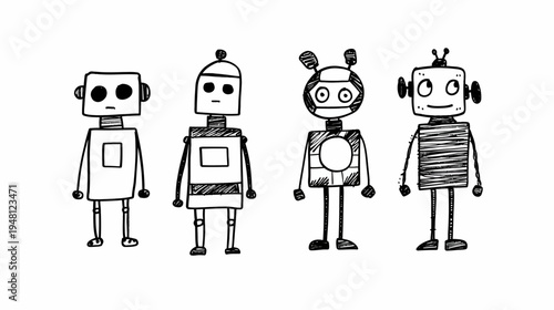 Hand-drawn ink illustration of four cartoon robots, each with unique features, standing against white backdrop