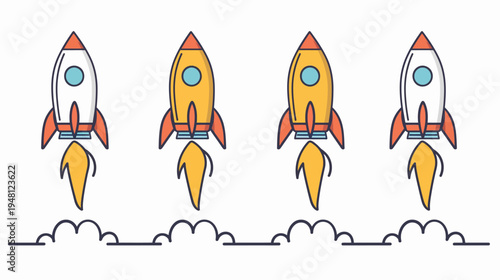 Four stylized rockets launch with orange and yellow flames against a clean white background