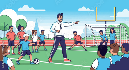 Soccer Coach Training Young Players on Outdoor Field with Goal