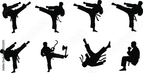 Martial arts silhouettes, fighters dynamic poses, high kicks side kicks weapon stances flips meditation, combat training illustration, cad drawing flat vector illustration