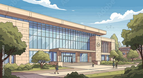 Modern University Campus Building Facade with Glass Windows and Greenery