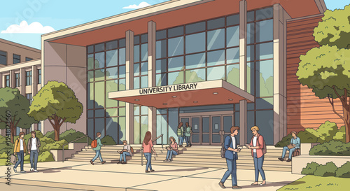 Modern university library building exterior with students walking on steps and campus surroundings.