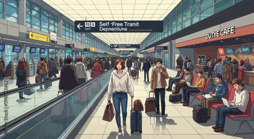 Crowded Airport Terminal with Travelers, Escalator, and Cafe