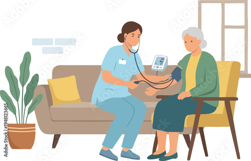 Nurse checking elderly woman blood pressure at home flat vector