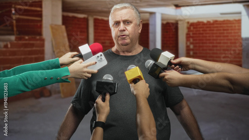 Foto Man speaks into multiple microphones while reporters hold mics and a smartphone near his face in an unfinished building; public scrutiny concern