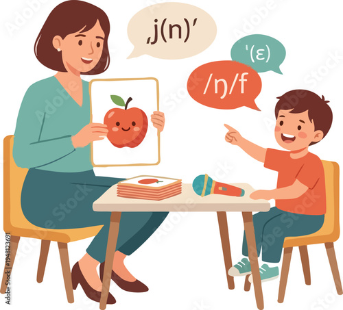 Speech Therapy Session with Teacher and Young Boy