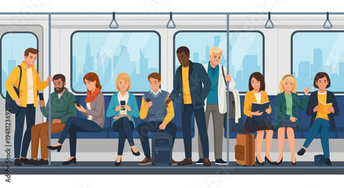 Diverse commuters traveling on modern subway train, city skyline background