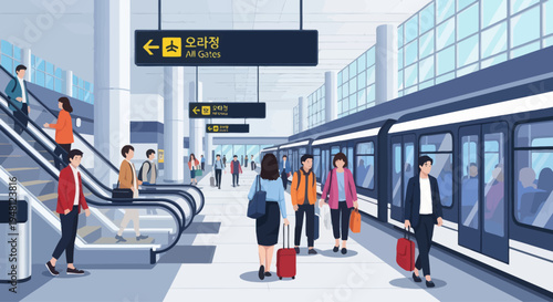 People boarding modern metro train at station with escalators and signs