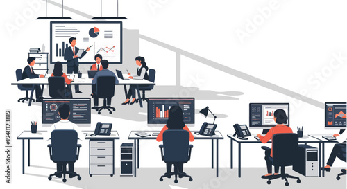 Modern Office Meeting Room and Workspace with Team Collaboration and Data Analysis