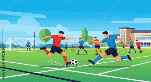 Young athletes playing soccer match on a sunny day at school sports field