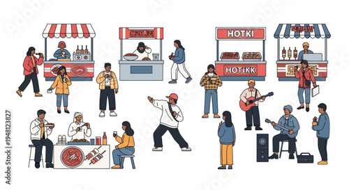 Street Food Festival with Musicians and Diverse Crowd