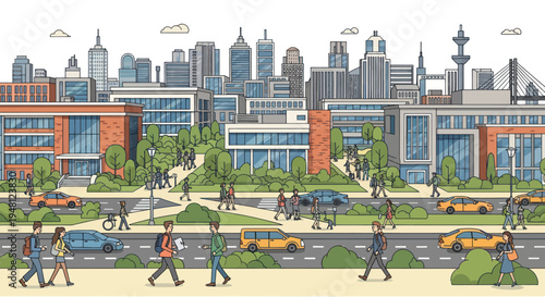 Urban cityscape illustration with diverse people and modern buildings