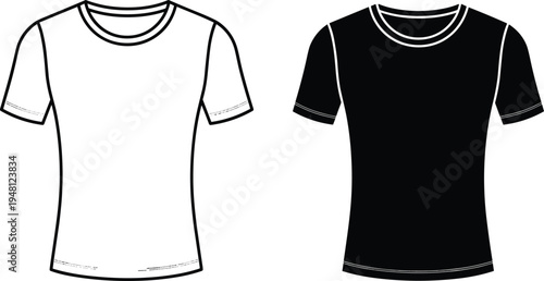 Black and white t-shirt design, fashion apparel illustration, clothing comparison art, round neckline style, retail concept, minimalist garment artwork