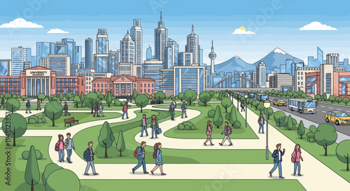 Modern Cityscape with Park, People, and Mountains in Background - Illustration