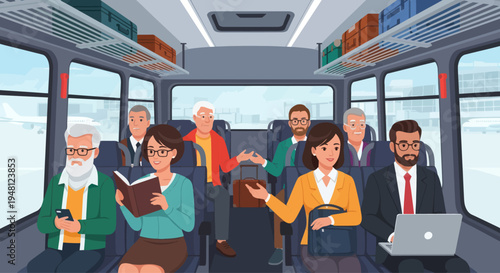 Diverse passengers on airport shuttle bus, traveling, commuting, business trip, vacation
