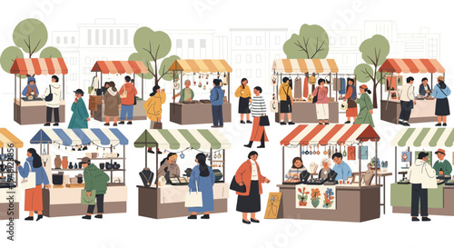 Diverse People Shopping at Outdoor Artisan Market Stalls - Illustration
