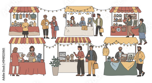 Outdoor Market Scene with People Shopping at Stalls