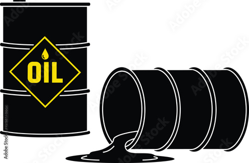 Black oil barrels with spilled crude oil, petroleum industry concept, energy crisis, fossil fuel pollution, industrial resource illustration isolated