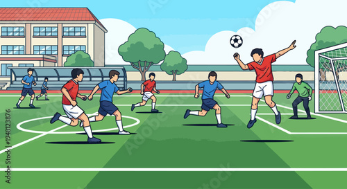 Boys playing soccer on school field, action shot, teamwork, sports