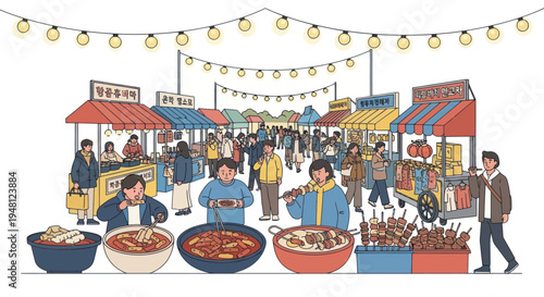 Vibrant Korean Street Food Market Scene with Diverse People and Food Stalls