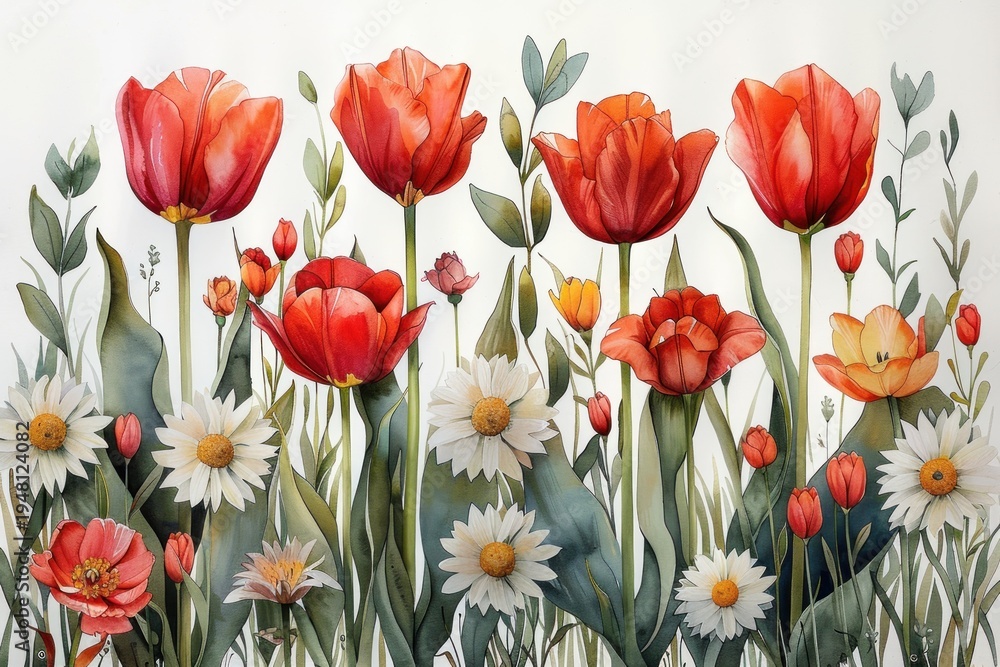 Fototapeta premium Watercolor botanical illustration of tulips and wildflowers with green leaves delicate spring garden floral composition Generative AI