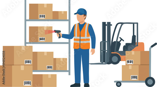 Warehouse worker scanning boxes for inventory management