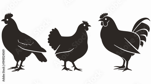 Black silhouettes of a hen and a rooster on a white background, minimal vector illustration