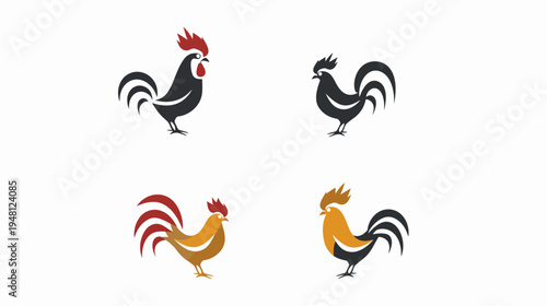 Four stylized illustrations of roosters in various color combinations against a white backdrop