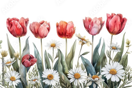 Watercolor botanical illustration of tulips and wildflowers with green leaves delicate spring garden floral composition Generative AI