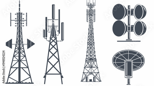 Several dark grey illustrations of communication towers with different antenna configurations