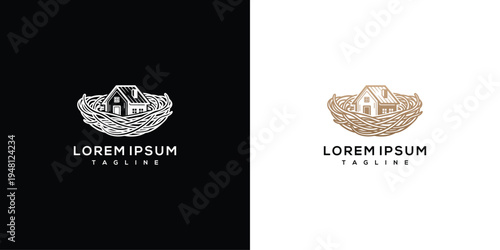 Cozy House in Nest Logo Design - Home Real Estate Family Security.